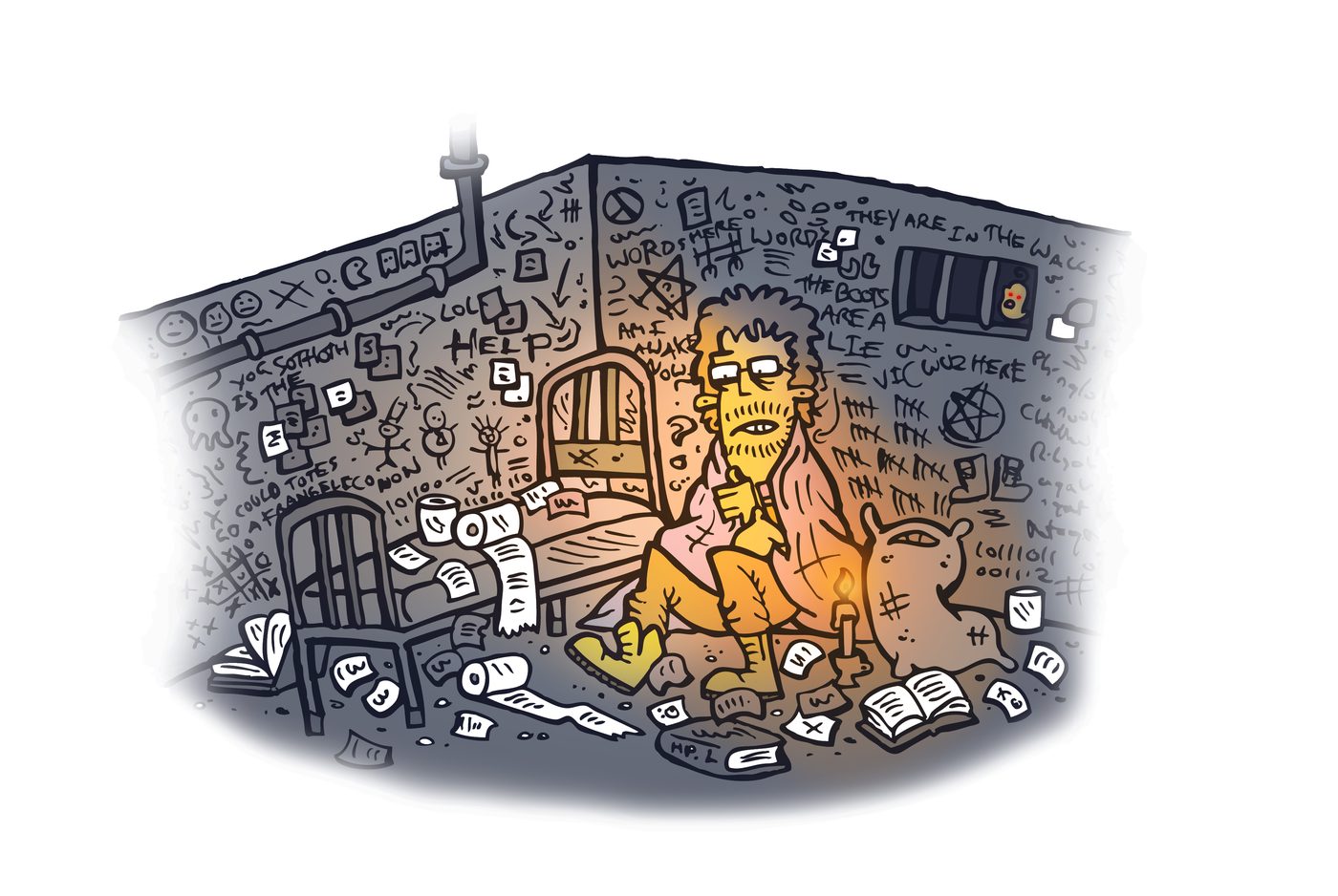 The author, surrounded by his columns. Illustration by Jimmy Stockton